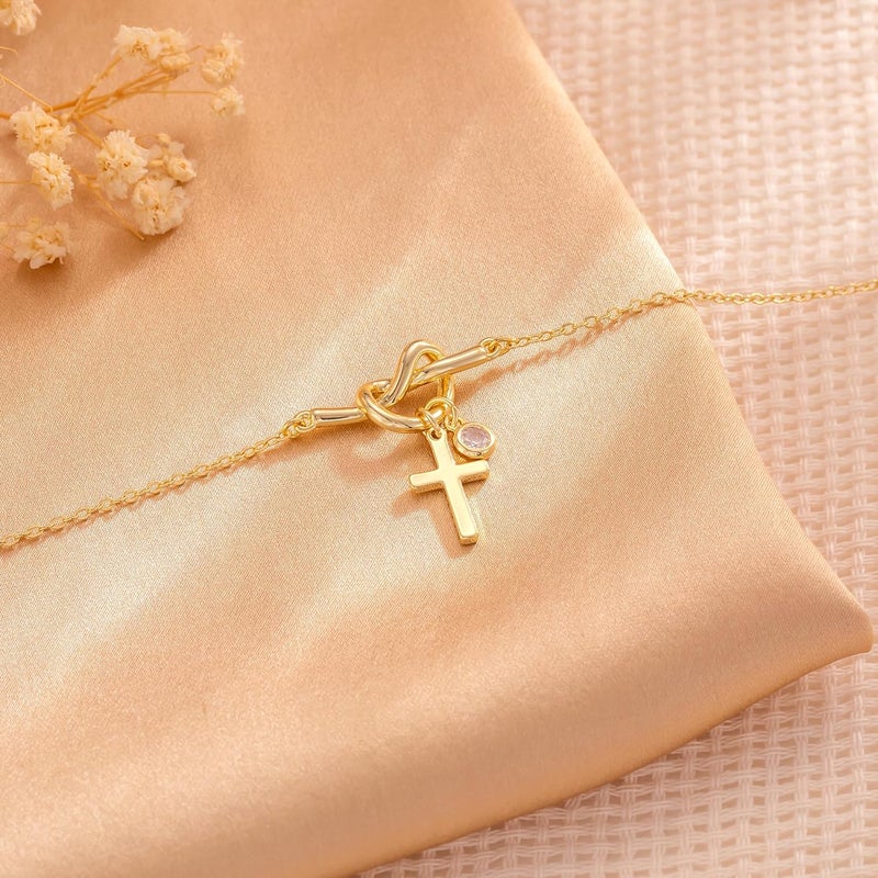Moodear Valentines Day Gifts for Her, Dainty 925 Sterling Silver/14k Gold Plated CZ Cross Bracelet Layered Snake Pearl Chain Knot Bracelets for Women Trendy Religious Christian Jewelry - Image 4